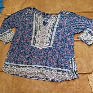 Lucky Brand Blue Floral Embroidered Split-Neck Tunic